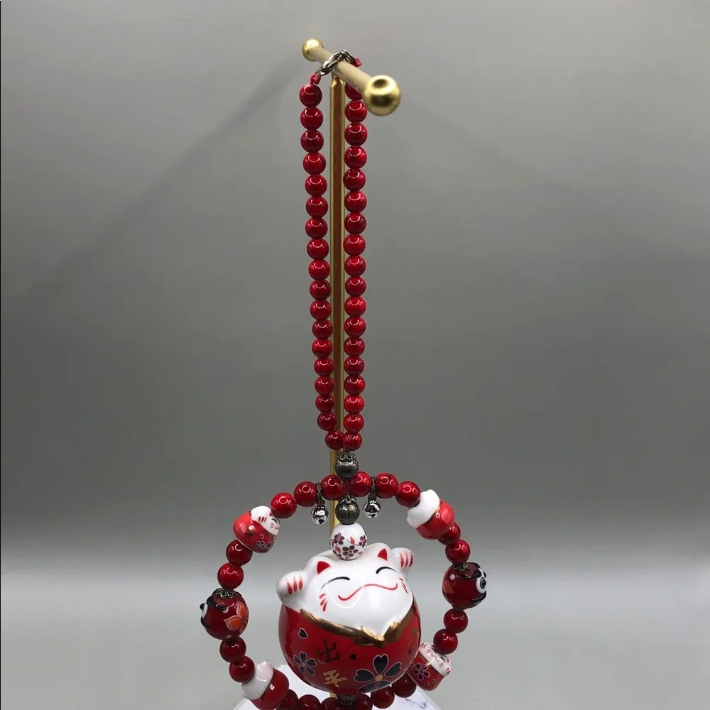 Vintage 90's Maneki Neko Ceramic Hanging Amulet Charm Hanger Hang Up Japan